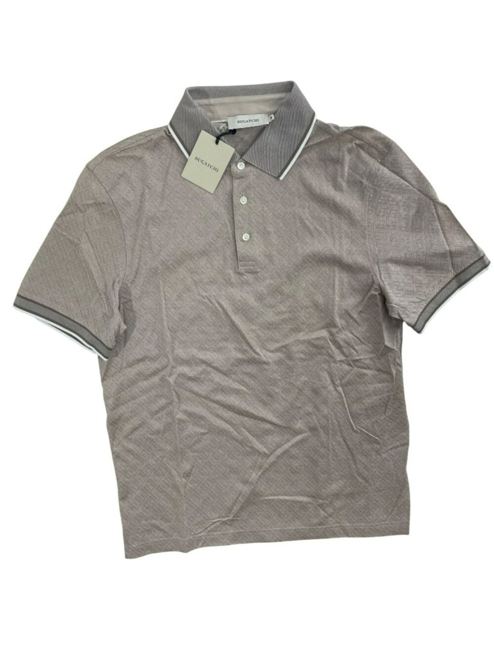 Bugatchi Mens Cobblestone Polo Shirt M Short Sleeve Diamond Pattern Beige